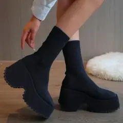 SHEIN 厚底ソックスブーツ ブラックニットプラットフォームブーツ