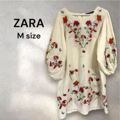 ZARA ボタニカル刺繍チュニック 鳥 花 M パフスリーブ ミニワンピースのサムネイル