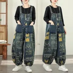 新品 大きいサイズ 猫柄 サロペット オーバーオール ねこ　ネコ　パンツg2