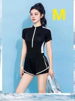 M 　フィットネス　ジム　水着 ワンピース　 黒 スポーティ 　 体型カバー