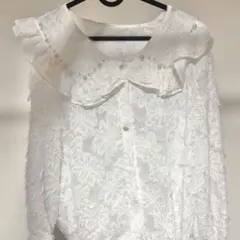 長袖ブラウス パール フリル ホワイト L