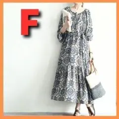 エスニック　ギャザーティアード　オリエンタル　モザイク柄ワンピースパフスリーブ