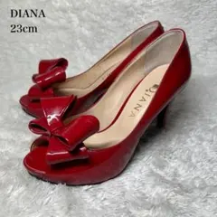 極美品■DIANA ダイアナ【23】赤エナメル オープントゥ リボン付パンプス
