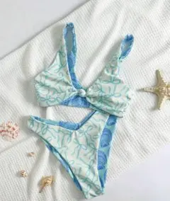 ビキニ　リバーシブル　水色と青のリボン・貝殻プリント水着