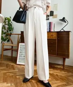 moment+ カットジョーゼットセンタープレスストレートスラックスパンツ