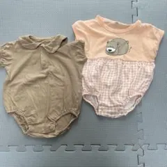 西松屋ロンパース2枚セット70cm ベージュ熊襟　オレンジチェック80cm