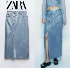【値下】ZARA Lサイズ メタリック　デニムスカート スリット シルバー