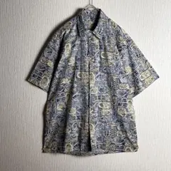 【柄シャツ】XL 半袖 総柄 アート柄 魚 青 緑