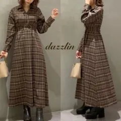 dazzlinダズリンバイカラーシャツフレアワンピースブラウンチェック柄Fサイズ