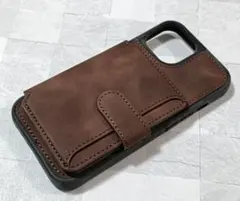 iPhone14/13 用 ケース カード入れ 背面手帳型 PUレザー 茶色