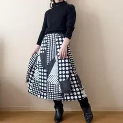 ドット アシンメトリー ロングスカート 昭和レトロ ヴィンテージ 一点物 白 黒