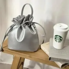 新品 2way 巾着 ショルダー バッグ シルバー