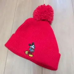 ミッキーマウス刺繍 ポンポン付きニット帽