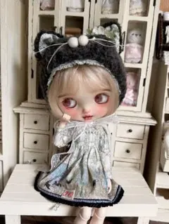 ブライスアウトフィット こねこの帽子セット ピンクラインチェック