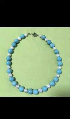 淡水パール　天然石ターコイズブルー色石　コンビネックレス　大玉