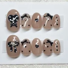 ネイルチップ ぷっくりハート リボン ドット シアーブラウン