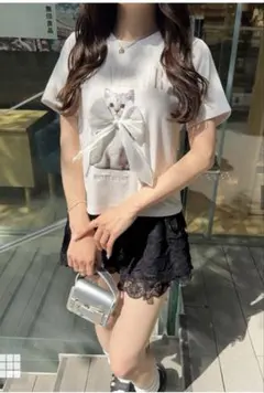 GRL キャットプリントリボンロゴ刺繍Tシャツ pm592a オフホワイト 半袖