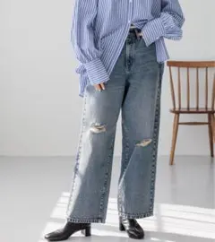 ローリーズファーム　ワイドストレートデニムパンツ 252605 ダメージデニム