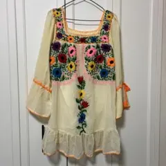 ヴィンテージ メキシコ 花柄 刺繍フレアスリーブ チュニック インド製