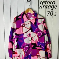 昭和レトロ古着 70s デザイン花柄 総柄ブラウス シャツ M～L オールド