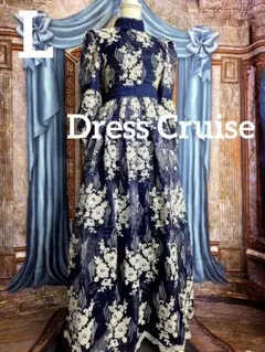 L 【新品インポートセレクト】花刺繍 高級オーガンジーレトロモードドレス×紺