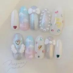 【現品販売】可愛い♡量産型 ゆめかわ ネイルチップ パステル ピンク 水色 羽