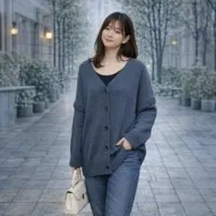 LOWRYS FARM カーディガン【ゆったり】ニット Fサイズ ブルー 厚手