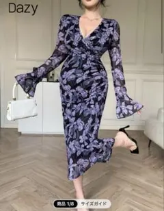 SHEINdazyシアーメッシュフローラルプリントフレアスリーブ乱舞ワンピース紫