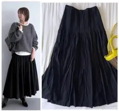 2024AW♡ バビロン コットンリネン タックロングフレアスカート 黒