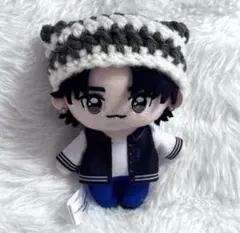ぬい服 ねこ耳帽子　編み物　白×黒（グレー）ボーダー　gigo
