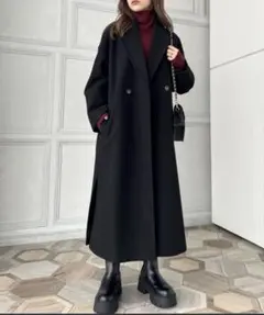 ブラック ダブルボタン ロングコート スリット