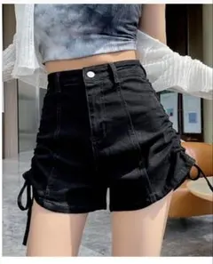 サイドリボン デニムショートパンツ ブラック