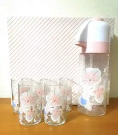 昭和レトロ 花柄 麦茶ポット＆グラス5客セット ガラスピッチャー 未使用
