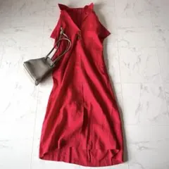 美品*ビューティアンドユース 洗える開襟リネン100%シャツワンピース 赤