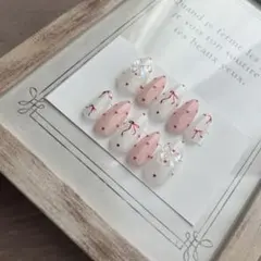 ピンク系 ハートリボン ネイルチップ 10個セット アーモンド