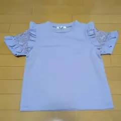 パープル レース付きフリル袖 Tシャツ カットソー