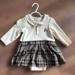 【美品】Petit main 80 ワンピース ホワイト/くまチェック