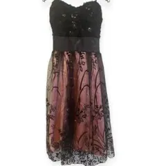 ブラック×ピンク レース フレアドレス 背中シャーリング リボン付き パーティー