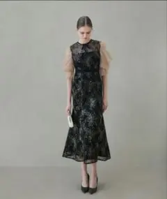 【LEJA】スパンコールフラワーリボンチュールワンピースドレス 結婚式 お呼ばれ