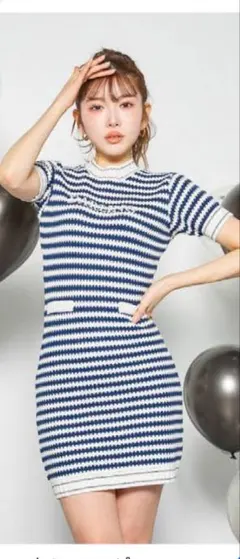 Darich♡ダーリッチ ボディコンボーダーニットワンピース 女っぽ ロゴ刺繍