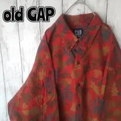 90s old GAP 植物柄 長袖シャツ BD ビッグ L XL 赤 茶 緑
