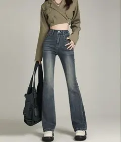 【aimoha】美シルエット　セミフレアデニムパンツ