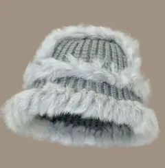 SHEIN ニット 帽子 バケハ ファー グレー