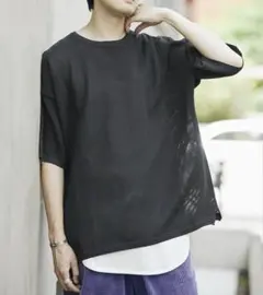 新品）半袖ニット+カットソーのSETリサイクルポリエステルニットT シャツ黒L