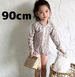 キッズ水着　スイムキャップセット　ラッシュガード　女の子　花柄　90cm