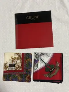 CELINE ハンカチ2枚セット 赤 クリーム 馬車