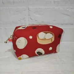 ハンドメイド　キャラメルポーチ(中華まん柄・赤)