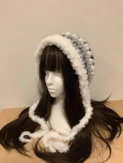 バラクラバ ボンネット ハンドメイド編み物帽子 グレー　y2kフード帽　もこもこ