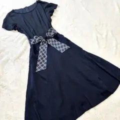 ブルーレーベルクレストブリッジ ロングワンピース リボン ノバチェック ネイビーのサムネイル