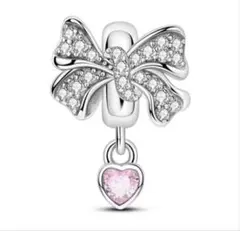 PANDORA パンドラ リボン ピンクハートストーン　シルバーダングルチャーム